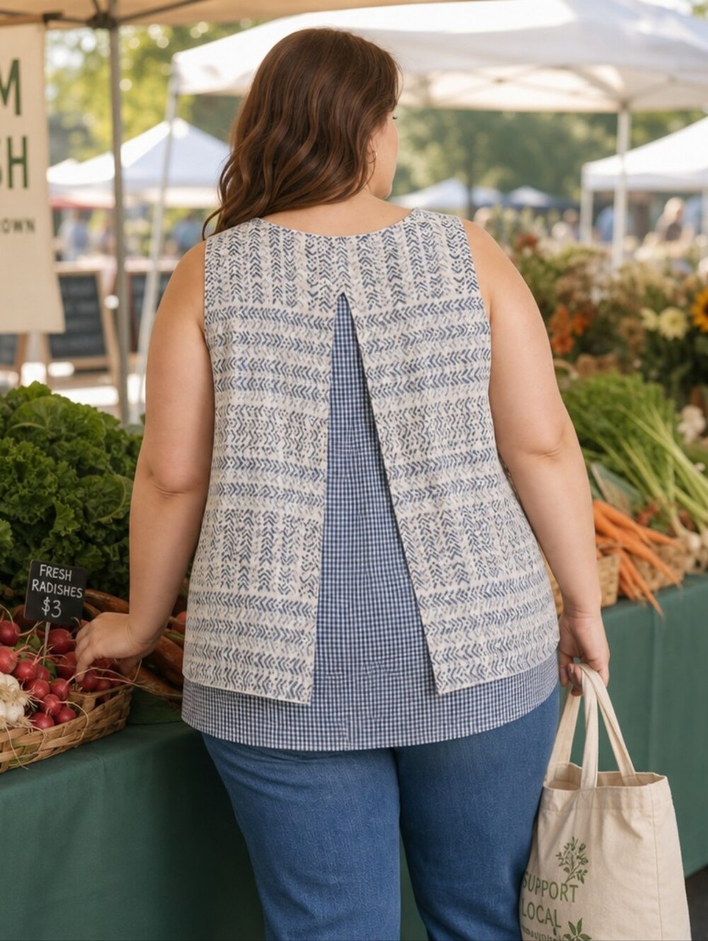Avenue Double‑Layer Sleeveless Top – Flowy Chevron & Gingham Layered Tank
